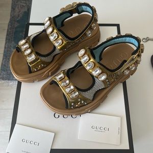 Gucci Leather Crystal Embellishments T-Strap Sandals